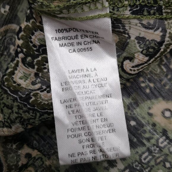 Reitmans Plus Ladies Size 16 Green Tan & Black Pattern Sheer Button Front Blouse - Picture 5 of 9